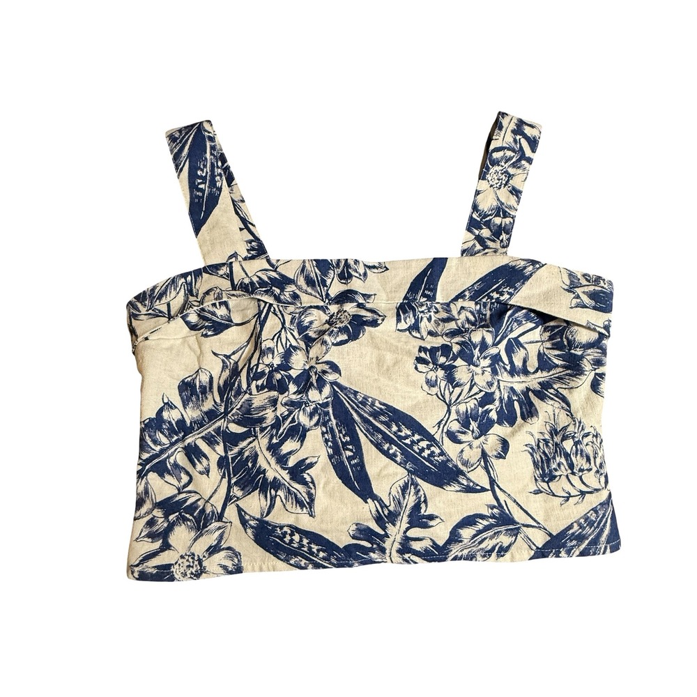Abercrombie & Fitch Blue Floral Linen Blend Smocked Crop Top Womens Small Toile